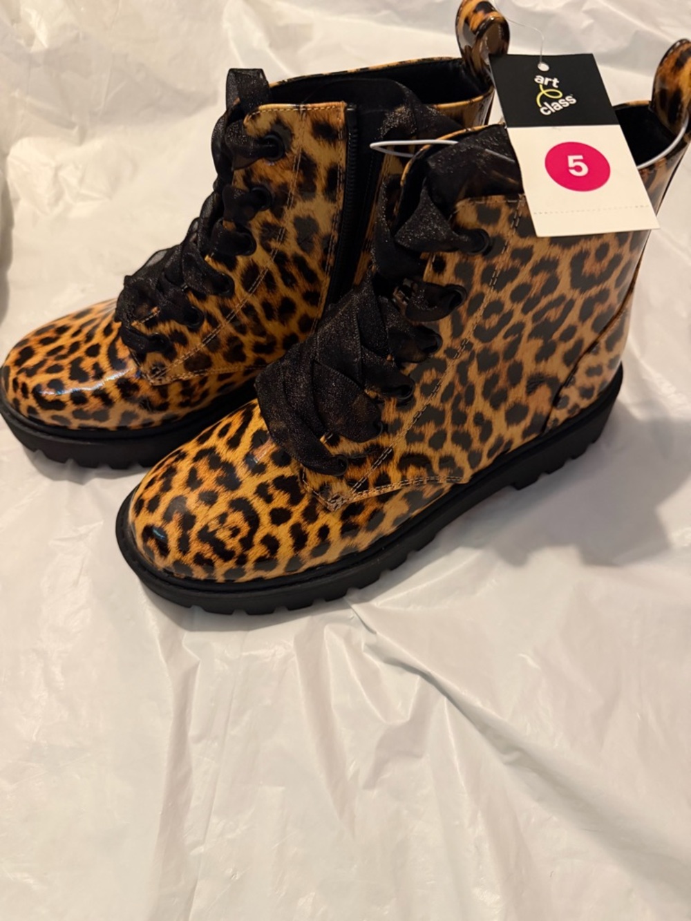 Art Class Girls' Leopard Print Combat Boots Leopard Print Lace Up Zip Size 5 NWT